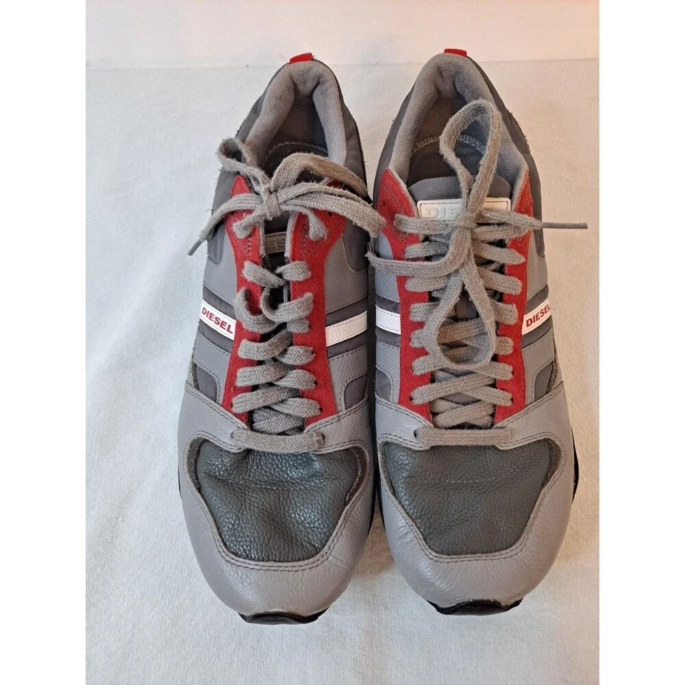 Diesel Mens Gunner Leather Sneakers Size 11 Y00326 Retro Gunmetal/Frost Grey/Red